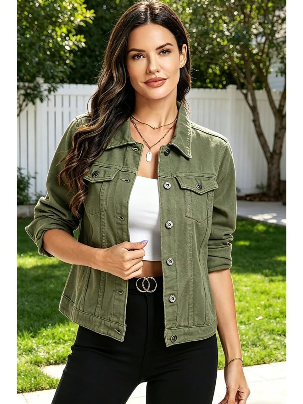 Women's Green Jean Basic Long Sleeve Button Down Denim Jackets Daily Wear - Picture 4 of 5